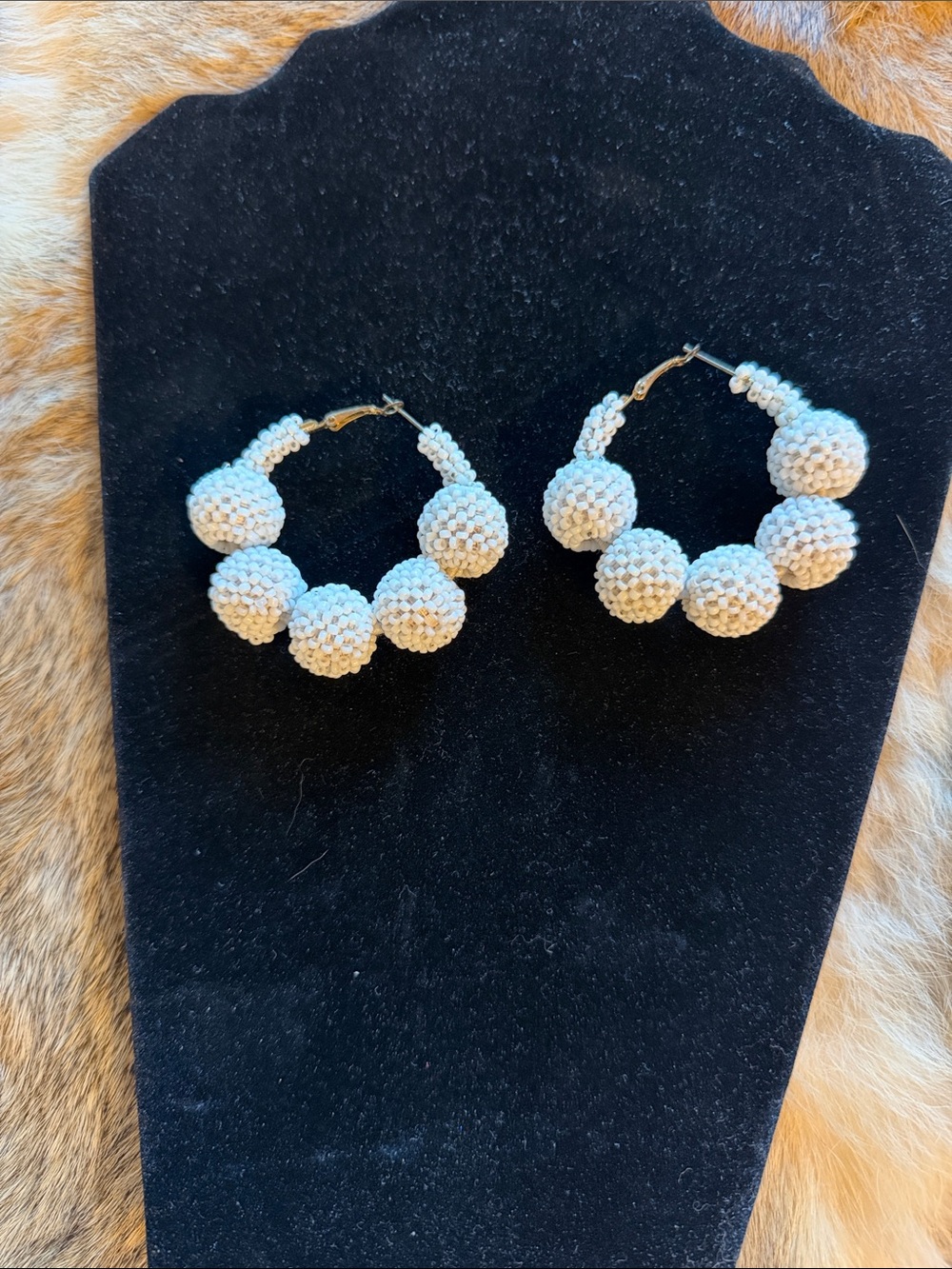 Handmade White Beaded Hoop Earrings